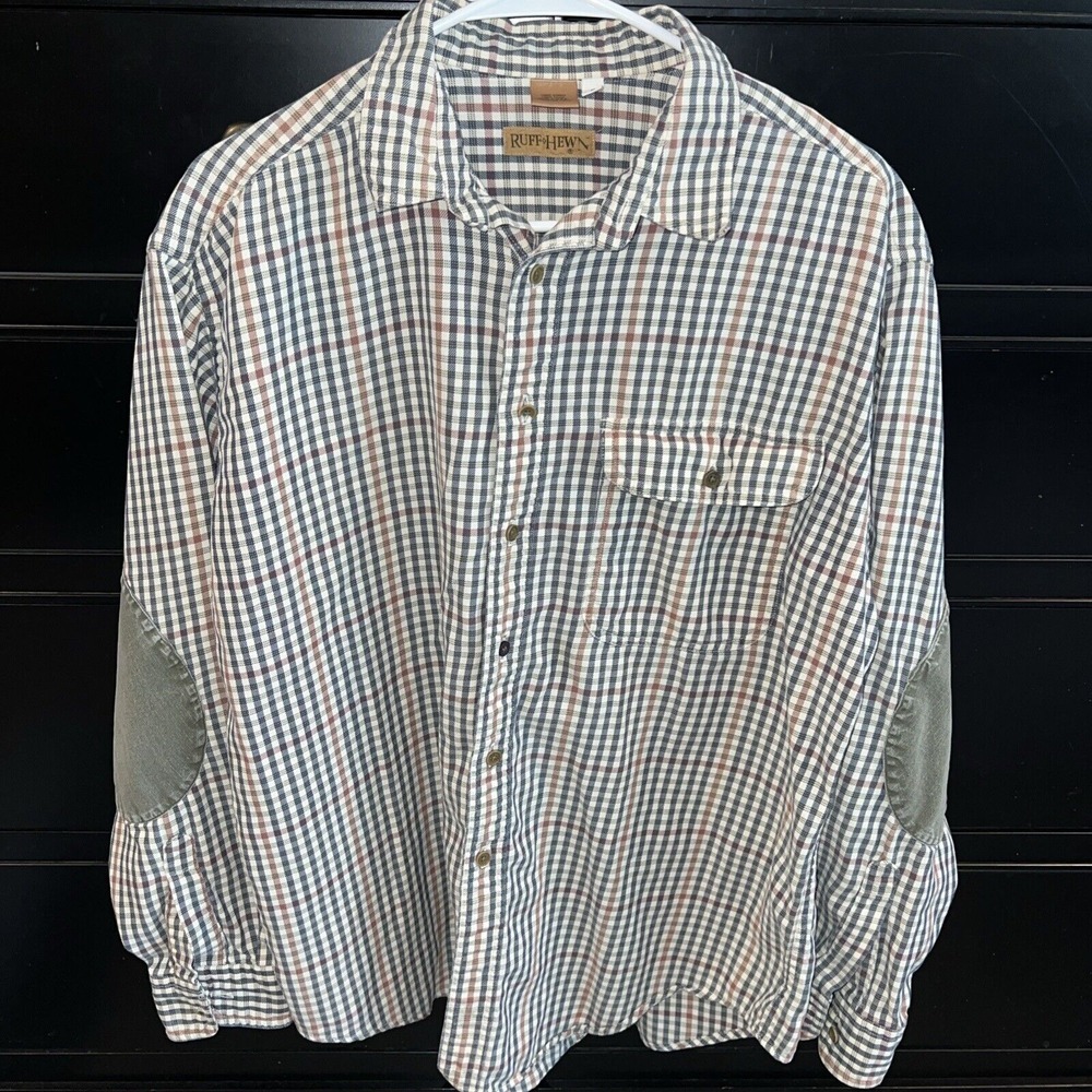 Ruff Hewn Cotton Brown Plaid Button Up Men's Shirt Elbow Patches Large